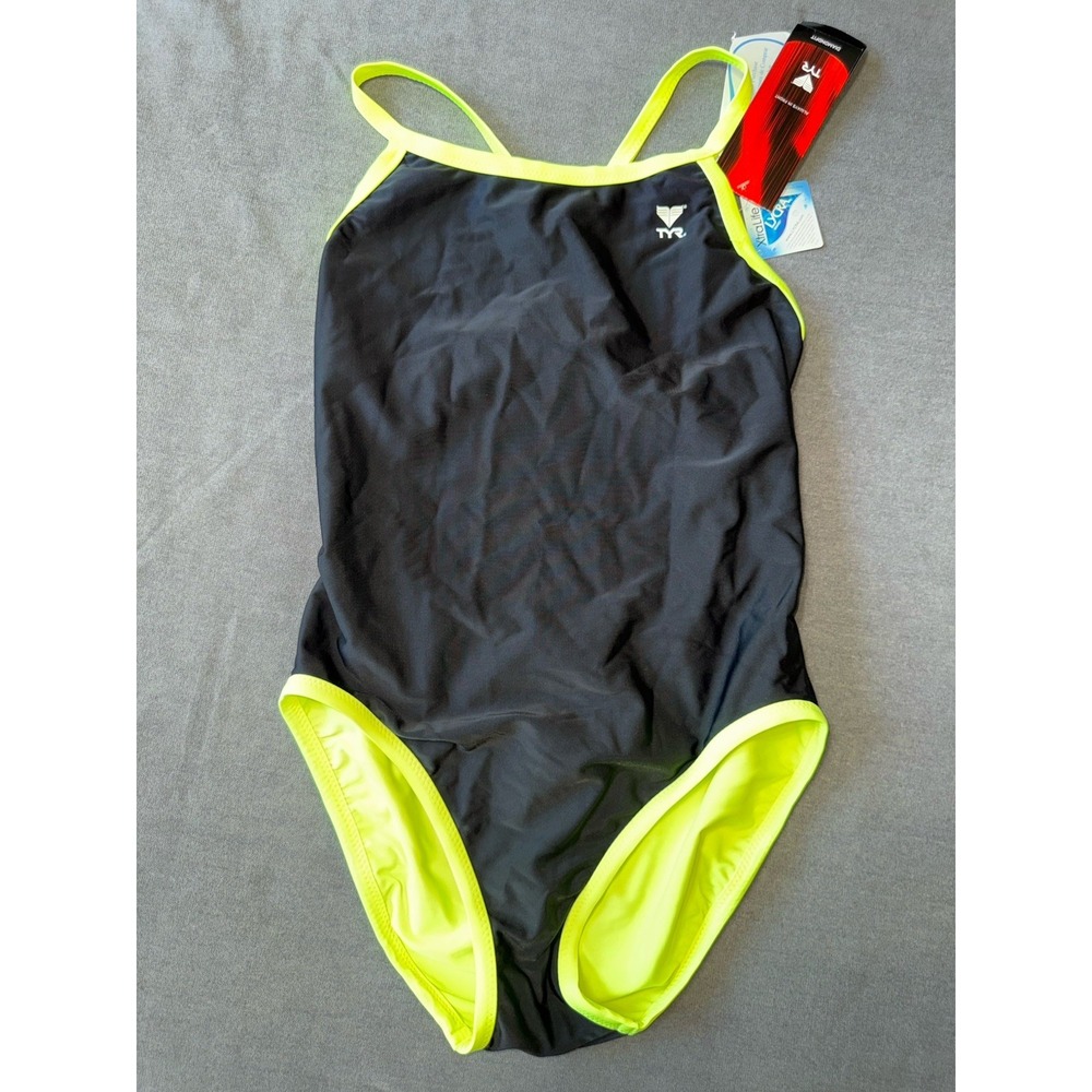 NWT - TYR Reversible Diamondfit One Piece Swimsuit Women's 40 Black Lime Green